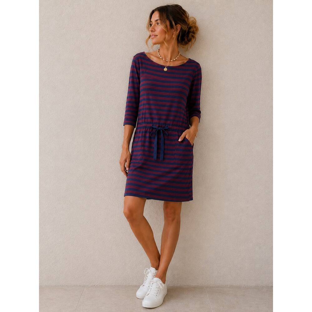 GAP NWT Burgundy Navy Stripe Cotton Dress Tie Waist 3/4 Sleeve Shift Dress Small